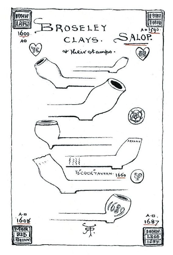 Page 17: IOHN IAMS 1600 AD IOHN IONES AD 1590 BROSELEY CLAYS. SALOP. & their stamps. YE “COCK” TAVERN. 1660 1689 A·D 1608 MOR RIS  DECON A·D. 1687 IOHN LEGG 1687.