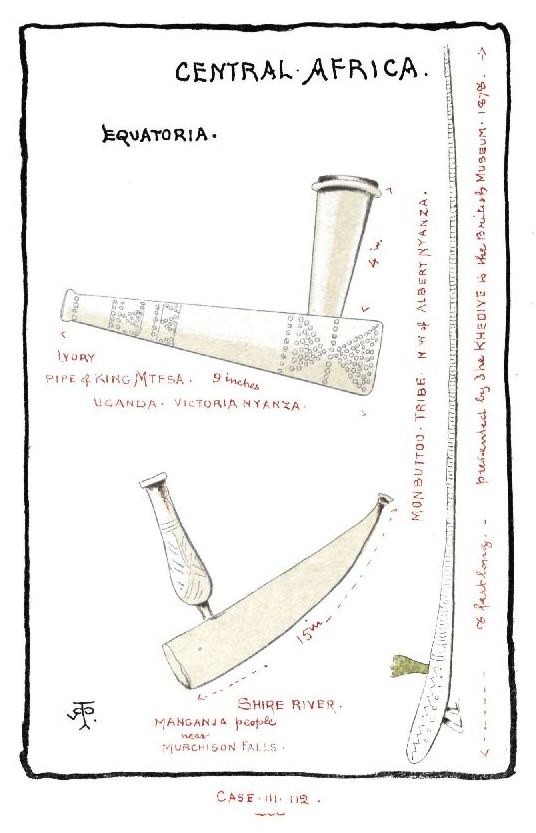 Page 37: CENTRAL AFRICA. EQUATORIA. IVORY PIPE of KING MTESA. UGANDA. VICTORIA NYANZA SHIRE RIVER. MANGANJA people near. MURCHISON FALLS. MONBUTTOO. TRIBE. N W of ALBERT NYANZA.—presented by the KHEDIVE to the British MUSEUM. 1878. CASE. 111. 112.