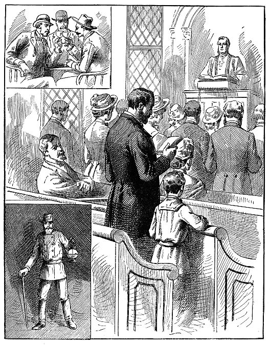 people in church; top inset three men drinking; bottom inset: night watchman